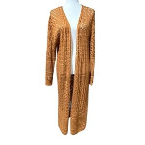Crochet Long Open-Front Sweater Cardigan Duster Size 2X Tan Camel Boho Open Knit